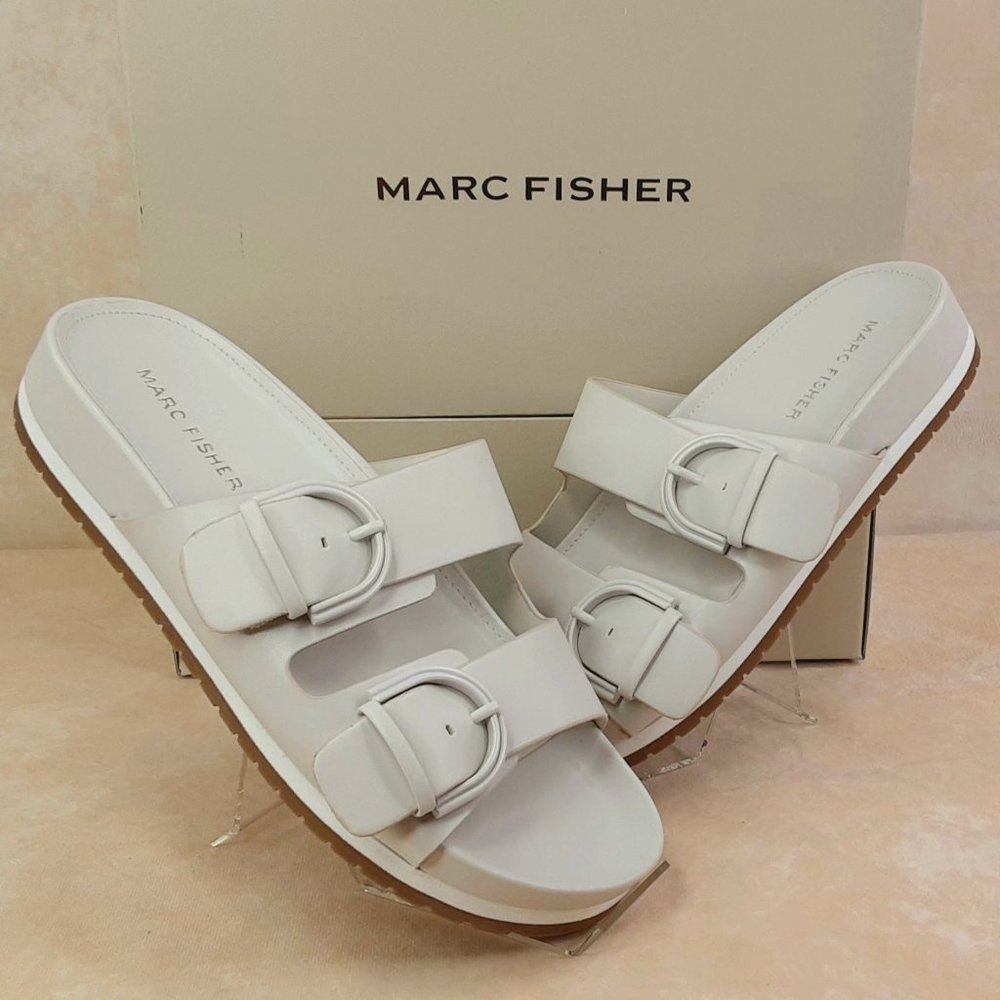 'MARC FISHER' 'KEENA' DOUBLE BUCKLE SLIP-ON SANDALS in 'IVORY TUSK' NEW/in BOX